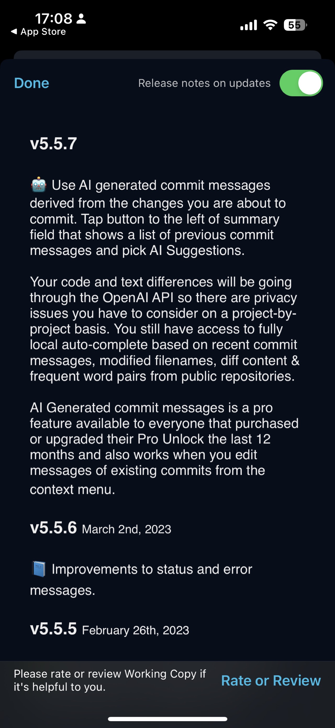 WorkingCopy adds openai generated commit messages